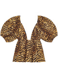 Ganni Brown Black Tiger Print Plunged Neck Short Puffed Sleeve Top