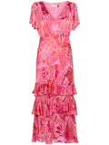 Rixo Pink Red Printed Tiered Midi Dress