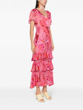 Rixo Pink Red Printed Tiered Midi Dress 2