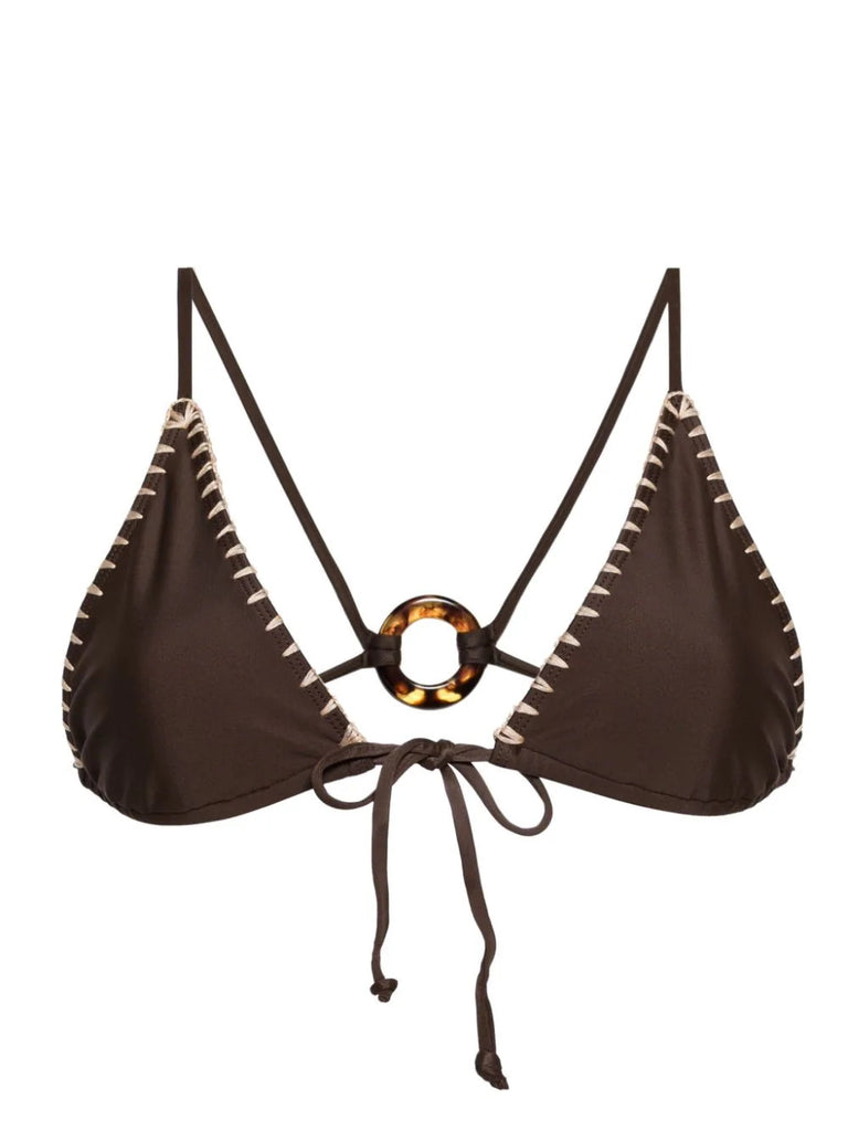 Faithfull The Brand Brown Cream Stitch Detail Triangle Bikini Top