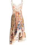 Zimmermann Multicoloured Floral Lace Trim V-neck Asymmetric Midi Dress