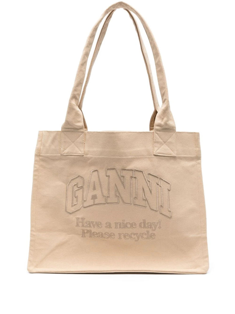 Ganni Beige Logo Slogan Tote Bag