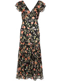 Rixo Black Multicoloured Floral Short Ruffled Sleeve Midi Dress