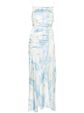 Ganni Blue White Satin Ruched Sleeveless Maxi Dress