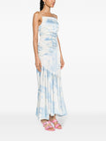 Ganni Blue White Satin Ruched Sleeveless Maxi Dress 2