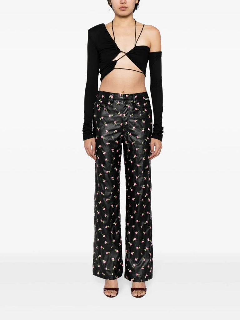 Rotate Black Pink Floral Faux Leather Trousers 1