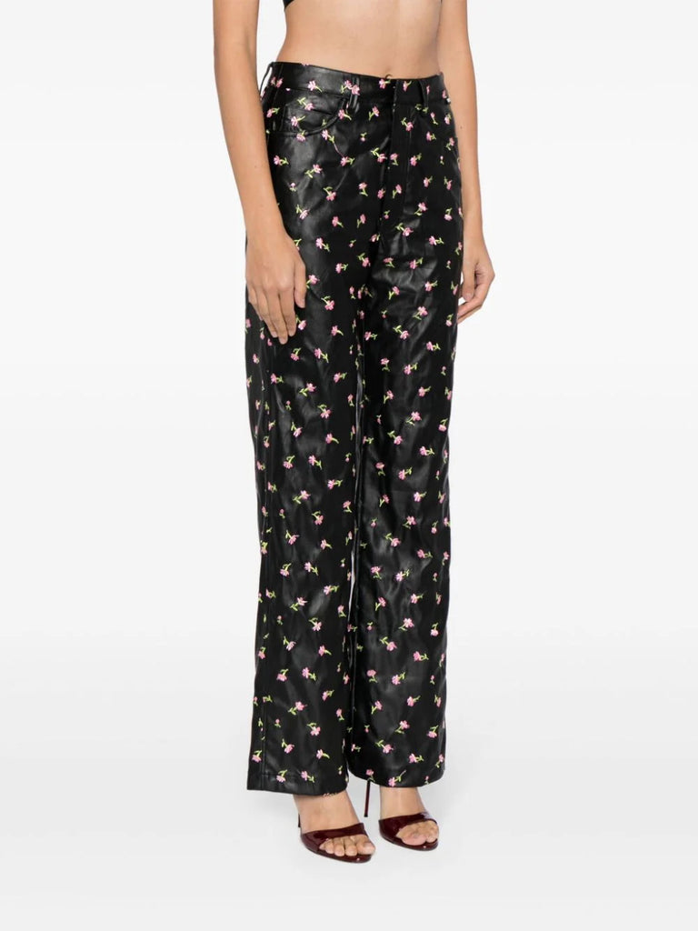 Rotate Black Pink Floral Faux Leather Trousers 2