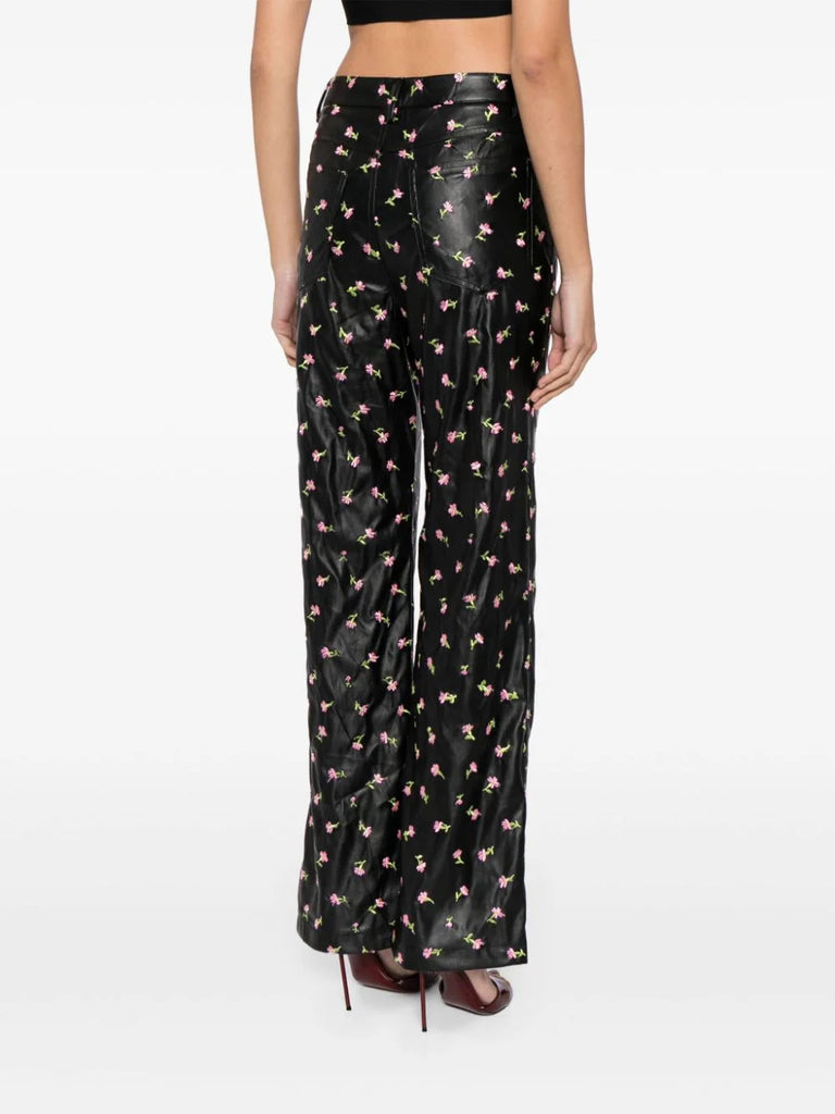 Rotate Black Pink Floral Faux Leather Trousers 3