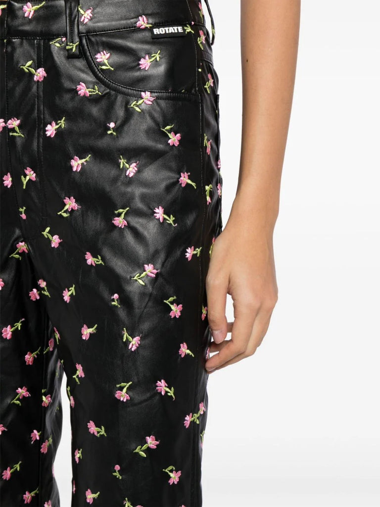 Rotate Black Pink Floral Faux Leather Trousers 4