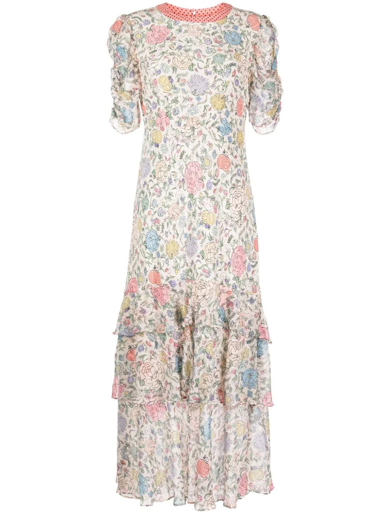 Rixo Cream Multicoloured Ruched Sleeve Floral Midi Dress