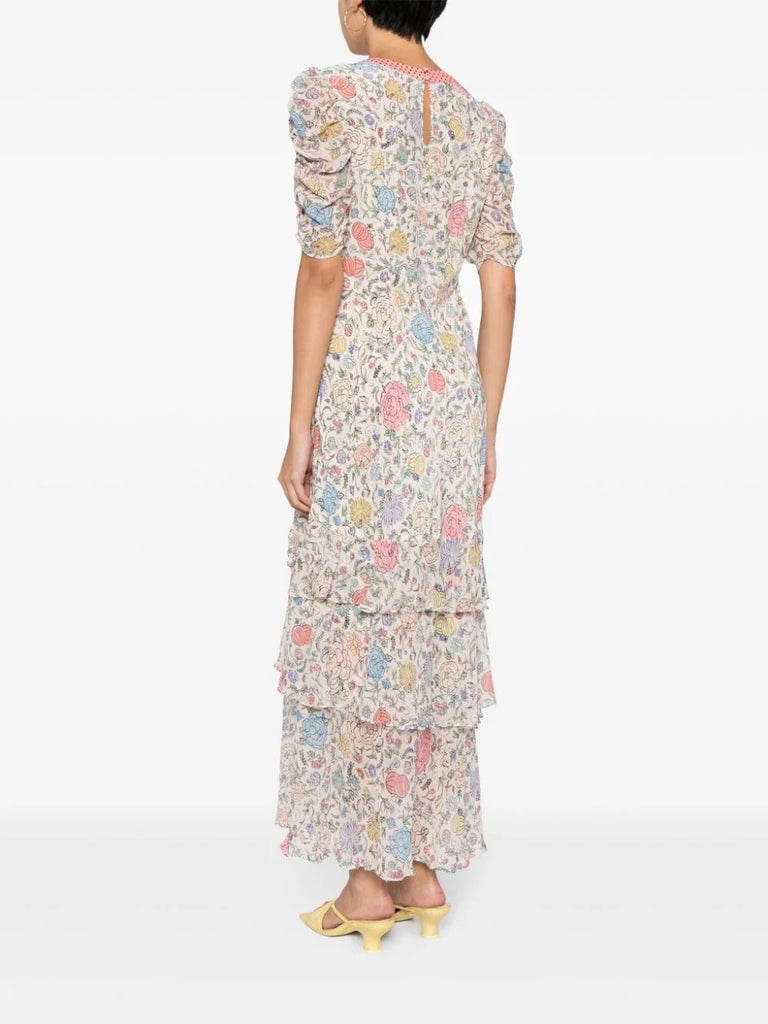 Rixo Cream Multicoloured Ruched Sleeve Floral Midi Dress 3