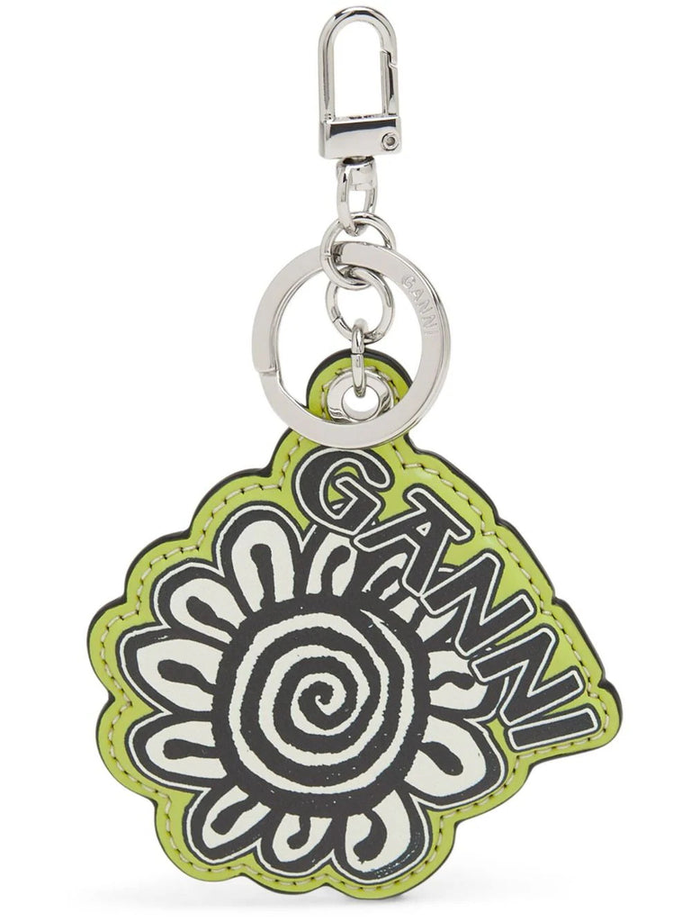 Ganni Green White Black Flower Logo Keychain