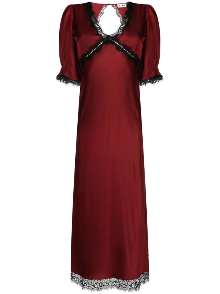 Rixo Red Black Satin Lace Trim V-neck Midi Dress