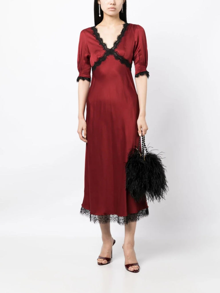 Rixo Red Black Satin Lace Trim V-neck Midi Dress 1