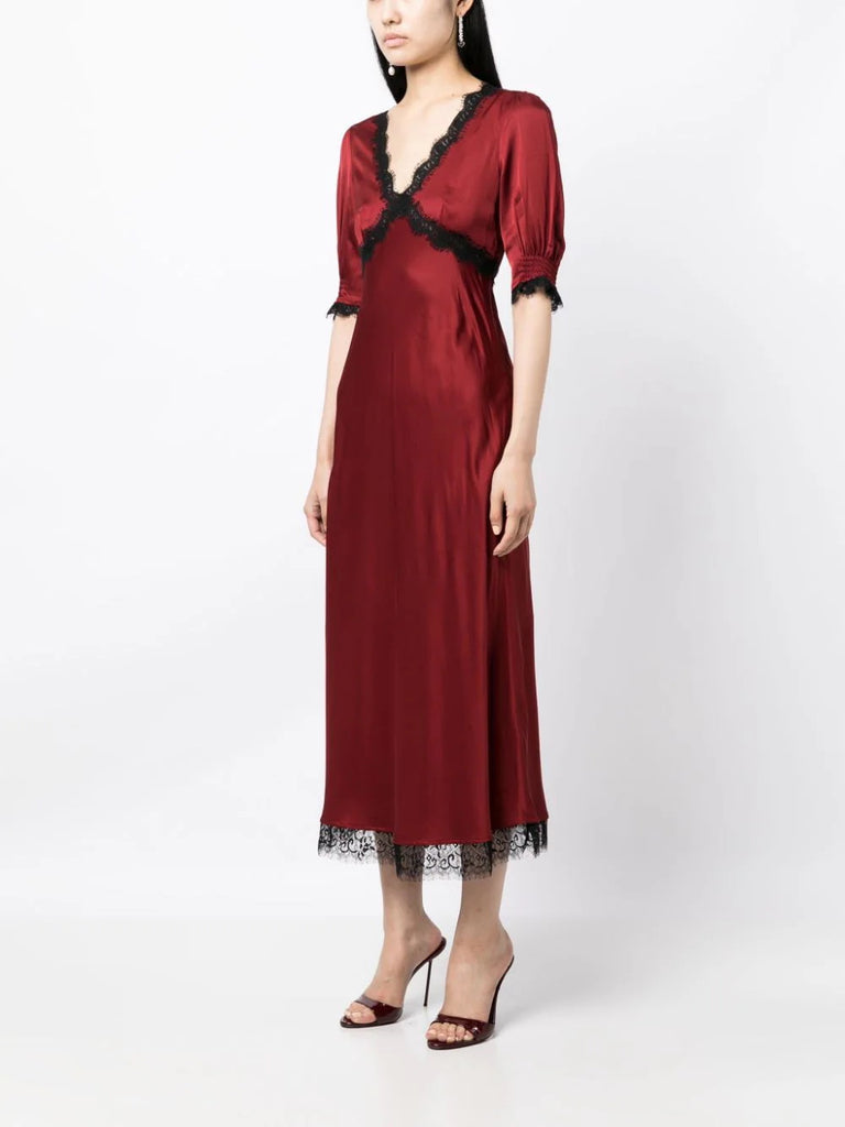 Rixo Red Black Satin Lace Trim V-neck Midi Dress 2