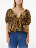 Ganni Brown Black Tiger Print Plunged Neck Short Puffed Sleeve Top 4