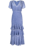Rixo Blue Spotted Velvet Tiered Midi Dress