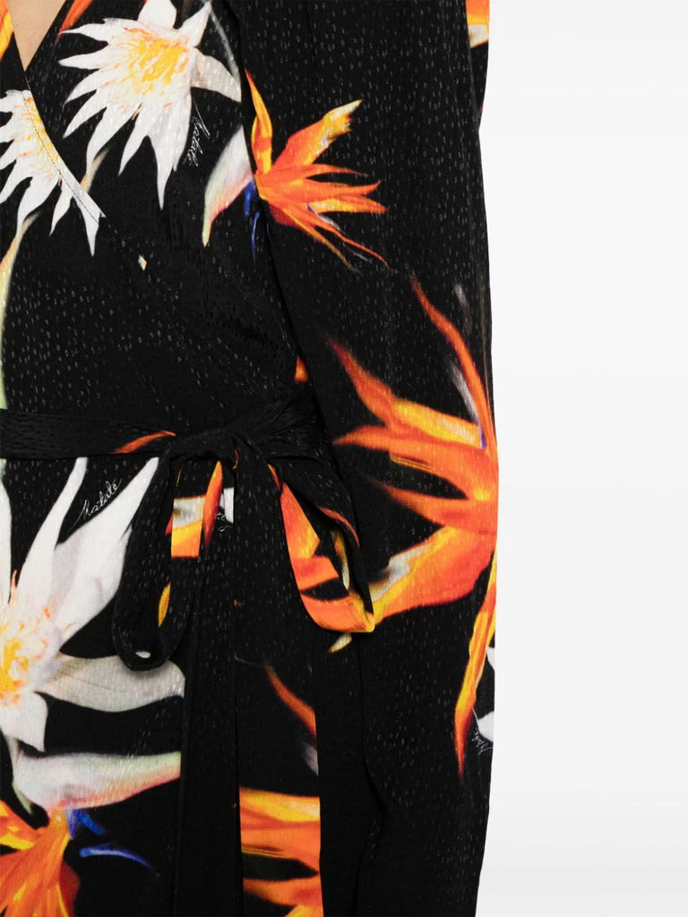 Rotate Black Orange Yellow Lily Print Wrap Midi Dress 4