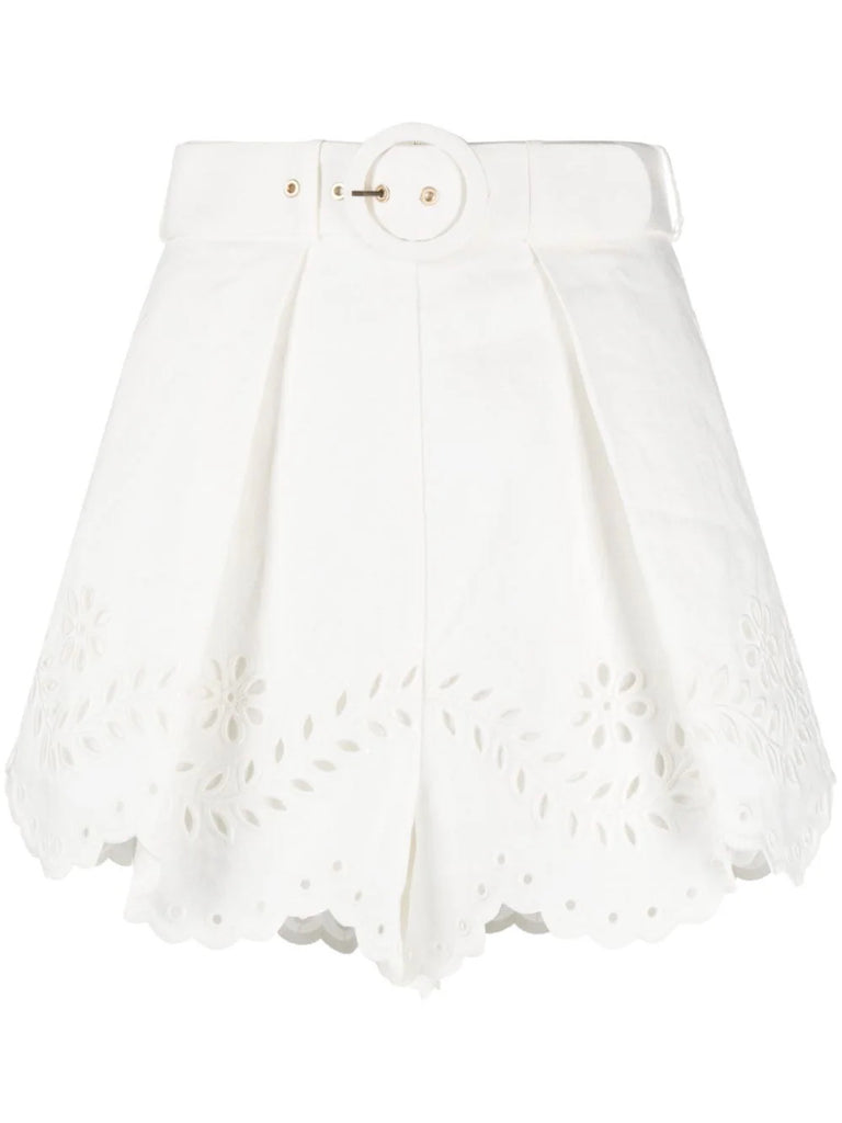 Zimmermann White Belted Embroidered Shorts