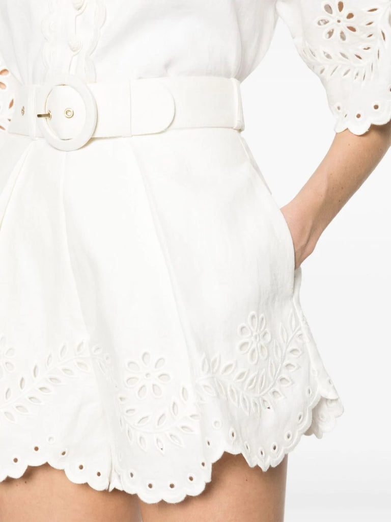 Zimmermann White Belted Embroidered Shorts 4