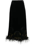 Rixo Black Velvet Faux Fur Trim Midi Skirt