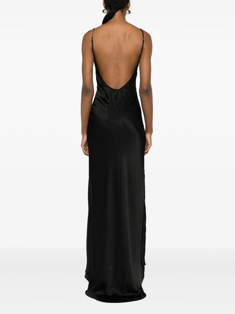 Self-Portrait Black Nude Satin Lace Trim V-neck Maxi Dress 3