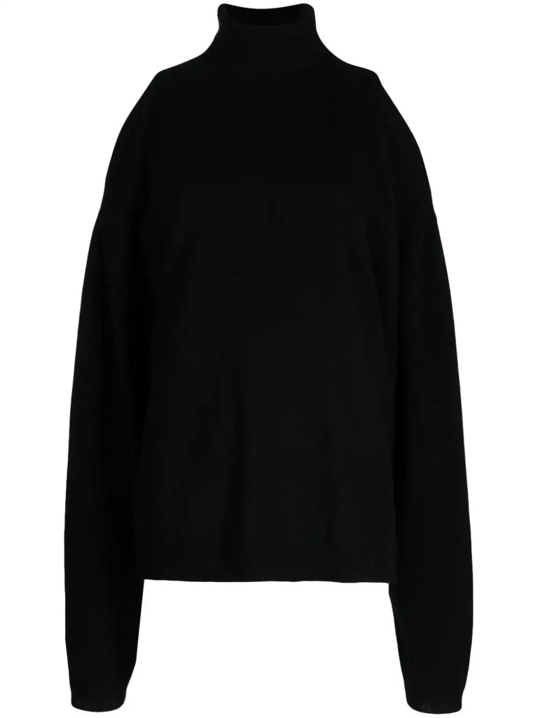 Crush Black Knitted Roll Neck Cut Out Shoulder Sweater
