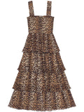Ganni Brown Leopard Sleeveless Tiered Midi Dress