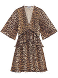 Ganni Brown Leopard V-neck Flared Sleeve Mini Dress