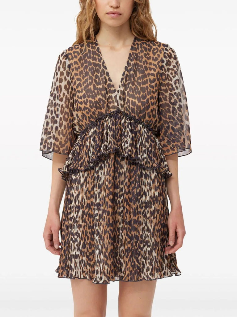 Ganni Brown Leopard V-neck Flared Sleeve Mini Dress 4