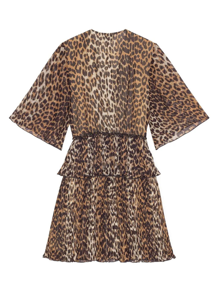 Ganni Brown Leopard V-neck Flared Sleeve Mini Dress 5