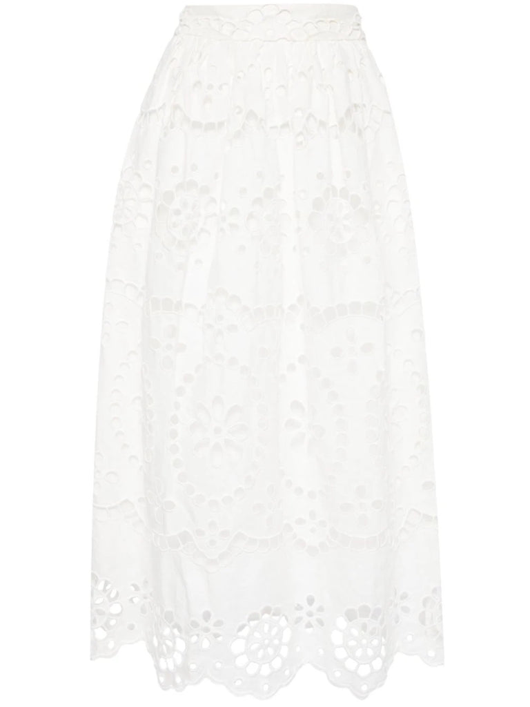 Zimmermann White Embroidered Midi Skirt