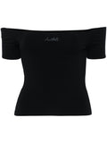 Rotate Black Off The Shoulder Embroidered Logo Top