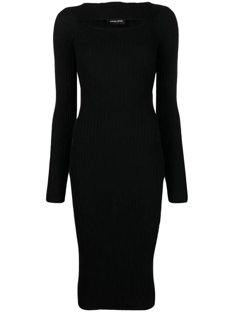 Anine Bing Black Ribbed Front Cut Out Long Sleeve Midi Dress