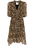 Marant Etoile Brown Printed V-neck Short Puffed Sleeve Mini Dress