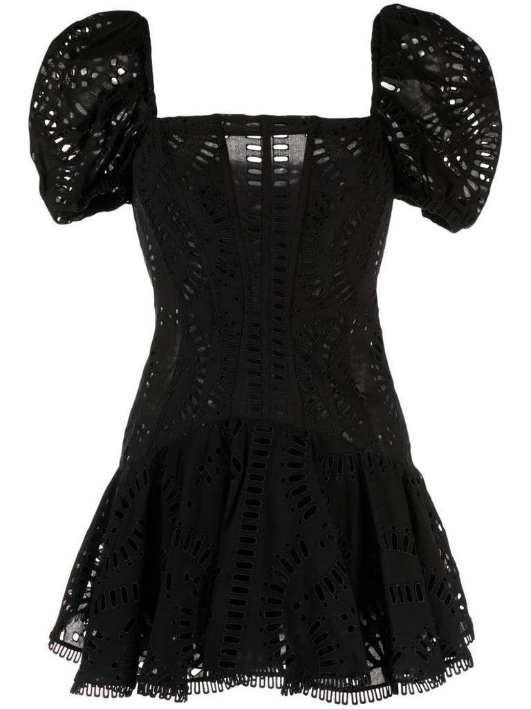 Charo Ruiz Ibiza Black Embroidered Short Puffed Sleeve Mini Dress