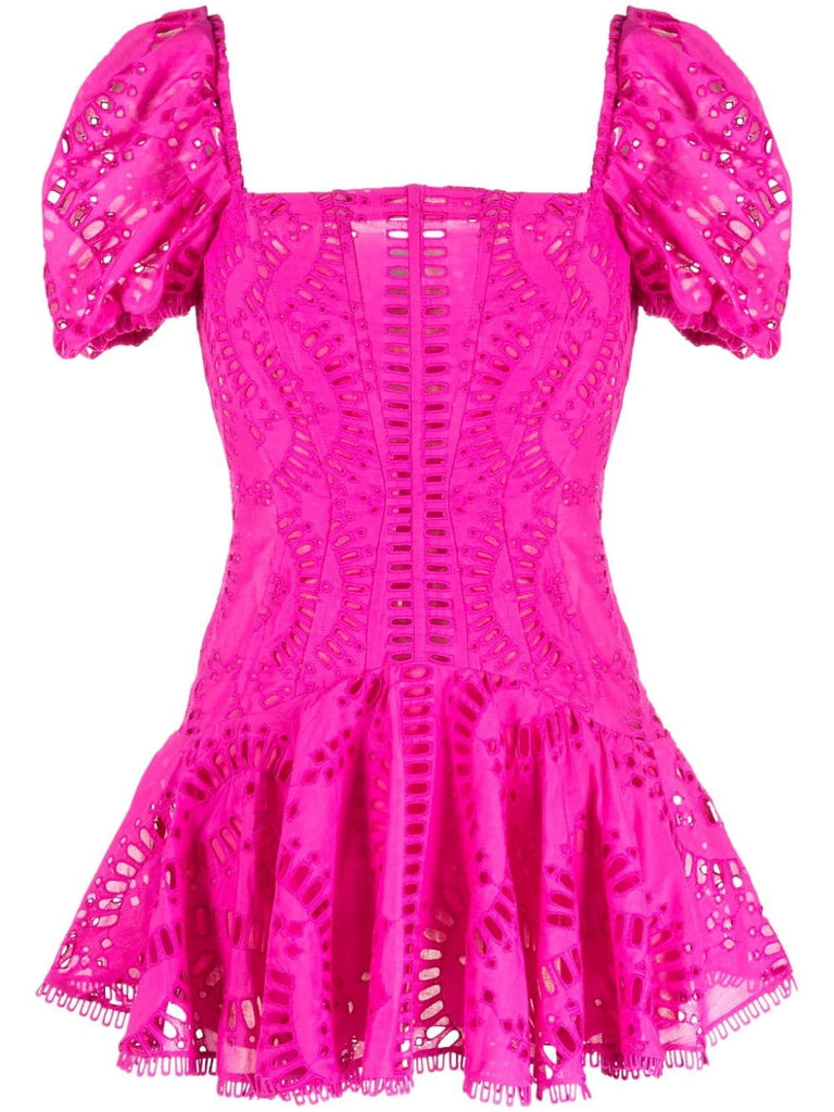 Charo Ruiz Ibiza Pink Embroidered Short Puffed Sleeve Mini Dress