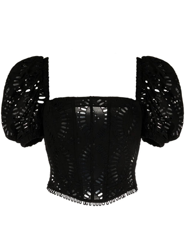 Charo Ruiz Ibiza Black Embroidered Short Puffed Sleeve Top