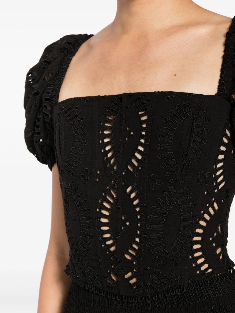 Charo Ruiz Ibiza Black Embroidered Short Puffed Sleeve Top 4