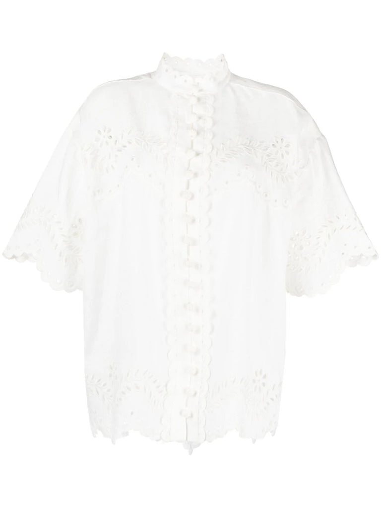 Zimmermann White Embroidered Short Sleeve Shirt