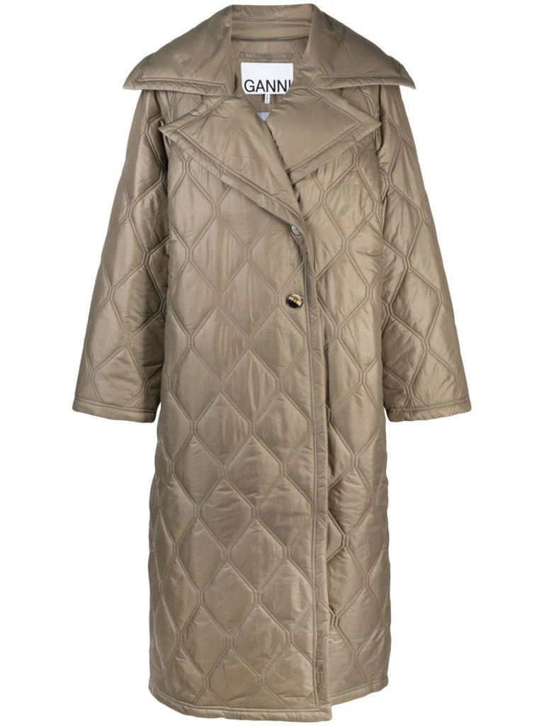Ganni Light Brown Quilted Oversized Midi Coat