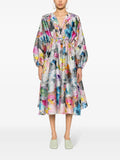 Stine Goya Metallic Multicoloured Abstract Print Crinkled Long Puffed Sleeve Midi Dress 1