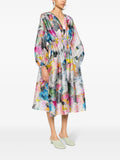 Stine Goya Metallic Multicoloured Abstract Print Crinkled Long Puffed Sleeve Midi Dress 2