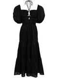 Faithfull The Brand Black Neck Tie Short Puffed Sleeve Midi Dress