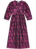 Ganni Pink Black Rose Print Puffed Sleeve Midi Dress