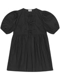 Ganni Black Short Puffed Sleeve Front Tie Mini Dress