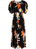 Rotate Black Orange Lily Print Short Puffed Sleeve Midi Dress