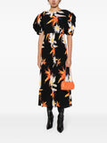Rotate Black Orange Lily Print Short Puffed Sleeve Midi Dress 1