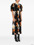 Rotate Black Orange Lily Print Short Puffed Sleeve Midi Dress 2