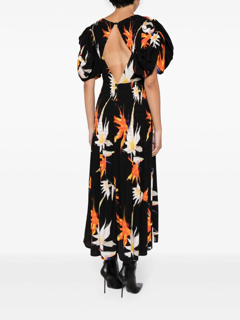 Rotate Black Orange Lily Print Short Puffed Sleeve Midi Dress 3
